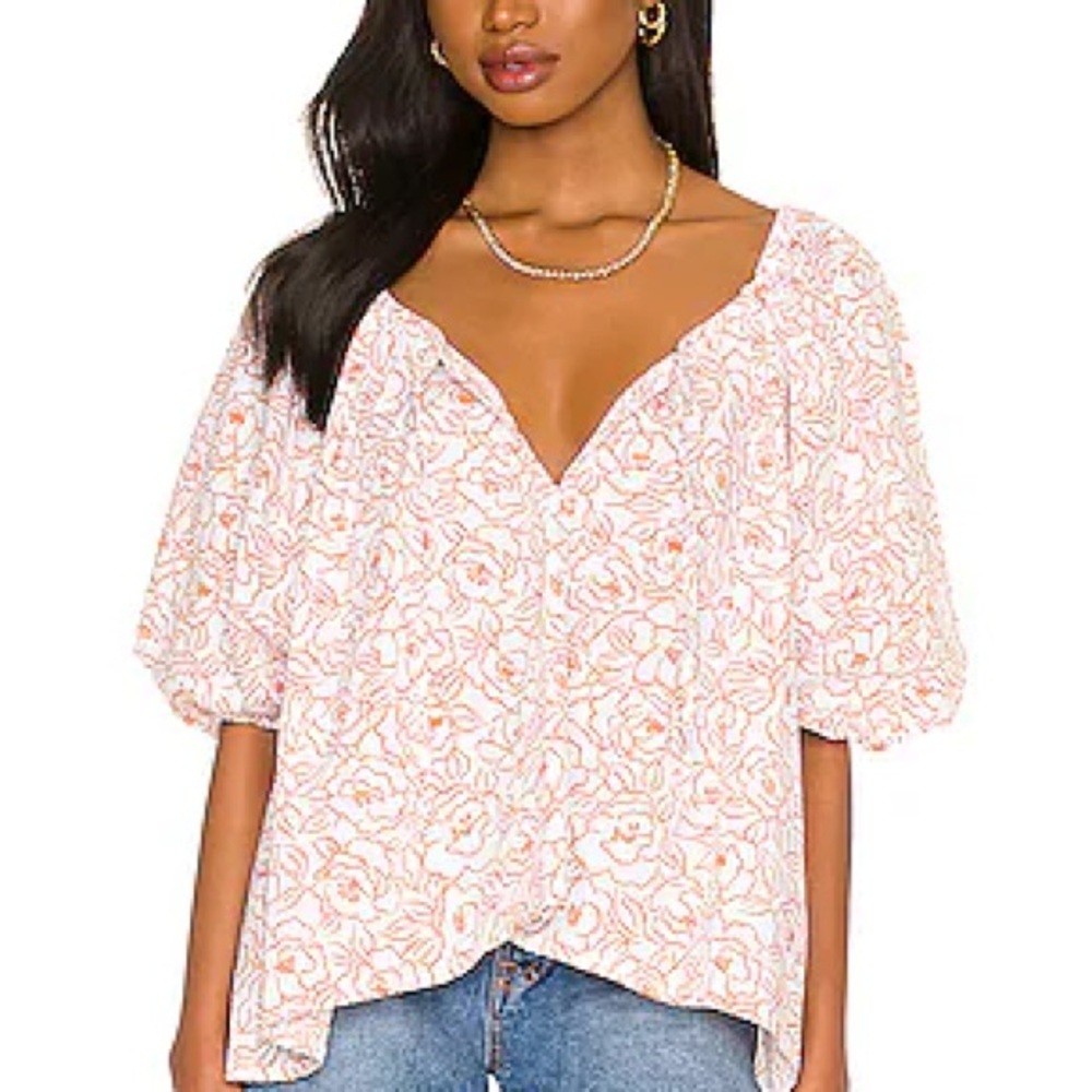 Faithfull the Brand Pink and White Puff Sleeve Blouse Size XS